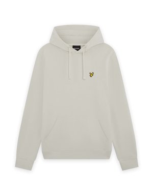 Lys beige hettegenser med kengurulomme foran og liten gul fuglelogo på venstre bryst.