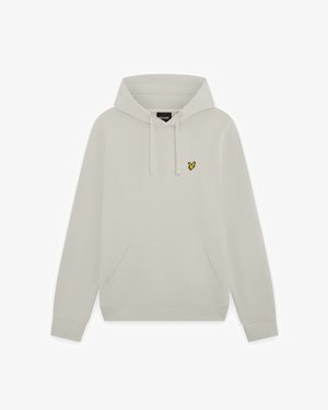 Lys beige hettegenser med kengurulomme foran og liten gul fuglelogo på venstre bryst.