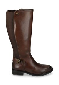 Stivale marrone in pelle al ginocchio con finitura liscia, pannello laterale elasticizzato e una fibbia decorativa in metallo sulla caviglia. Suola in gomma robusta.