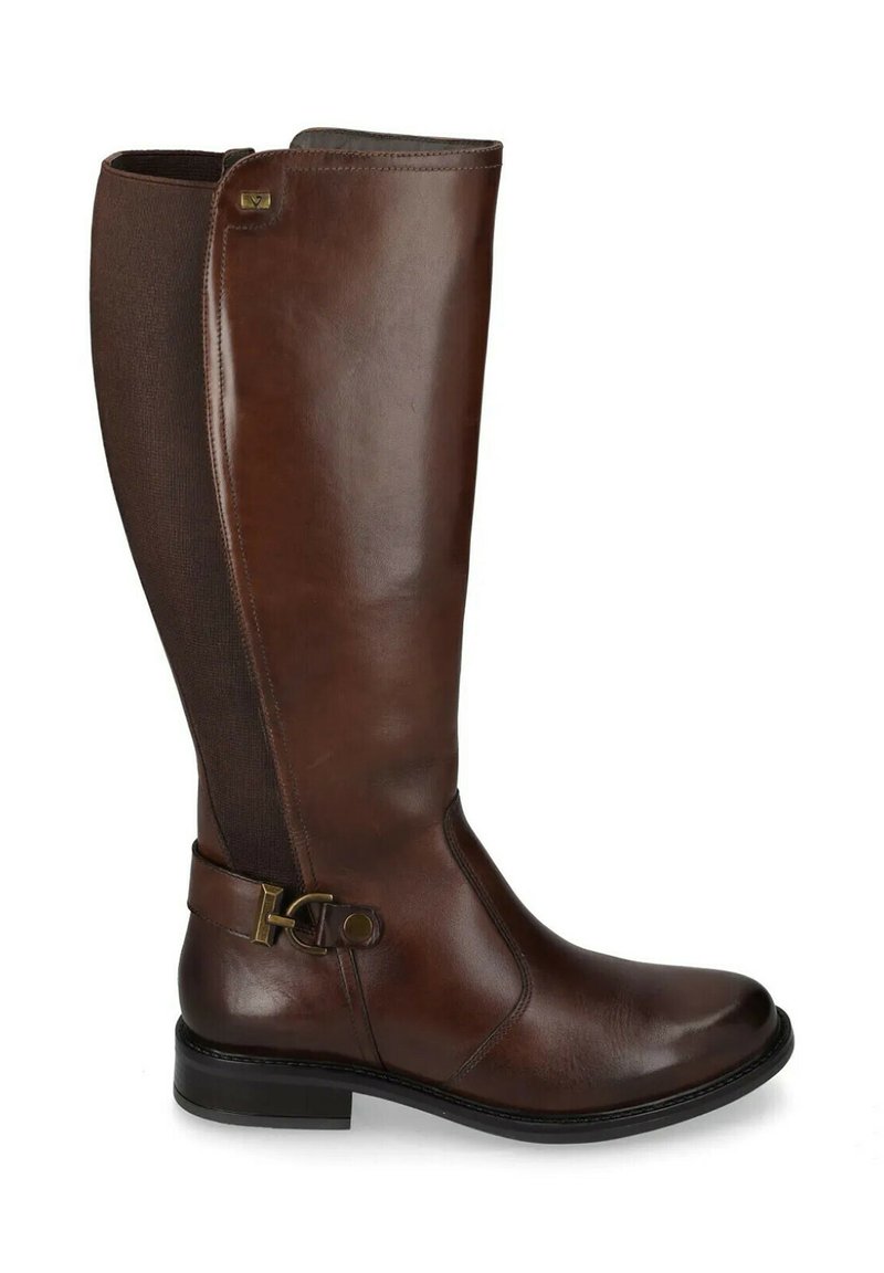 Stivale marrone in pelle al ginocchio con finitura liscia, pannello laterale elasticizzato e una fibbia decorativa in metallo sulla caviglia. Suola in gomma robusta.