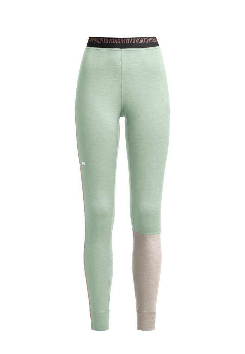 Light green leggings with black waistband featuring repeating text. The design includes a beige panel on the lower legs and a smooth texture.