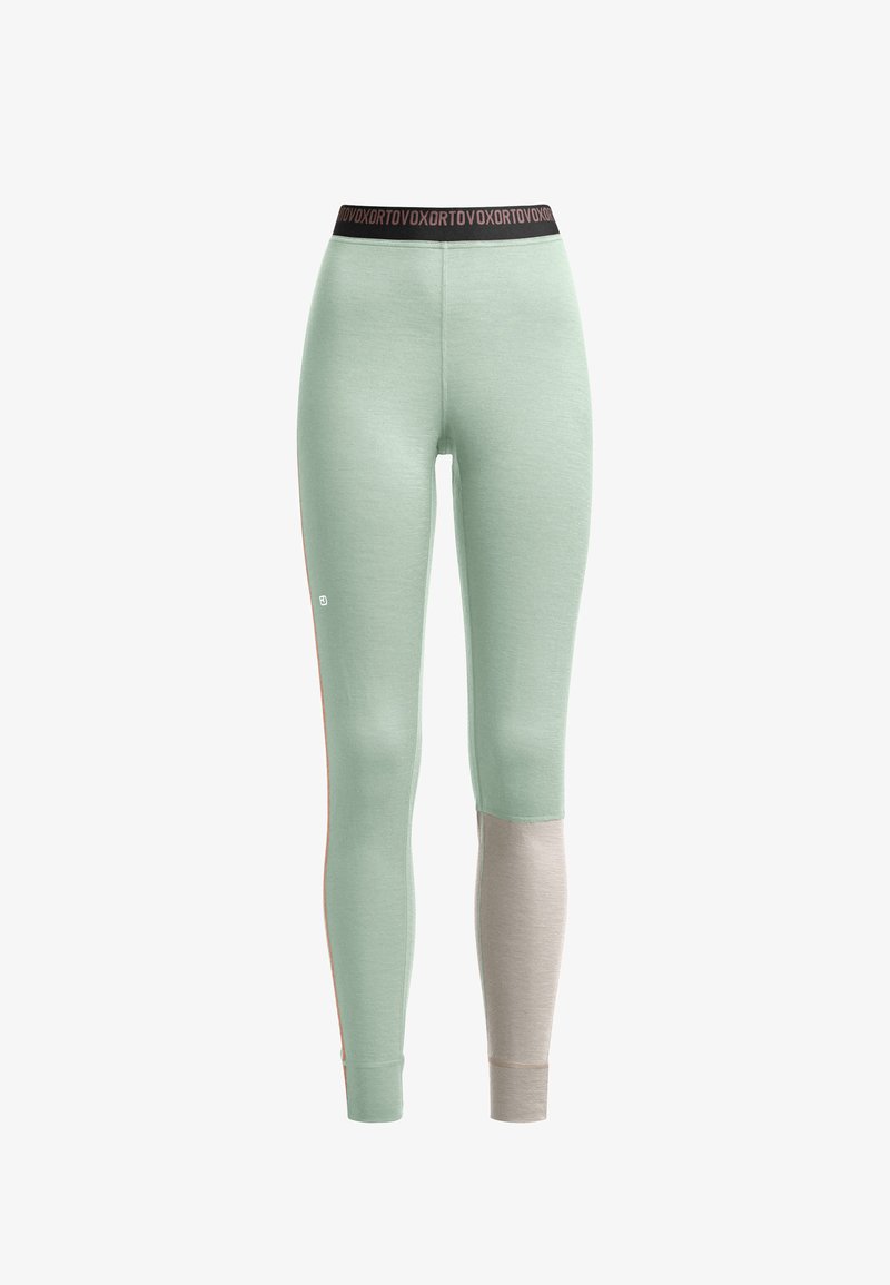 Light green leggings with black waistband featuring repeating text. The design includes a beige panel on the lower legs and a smooth texture.