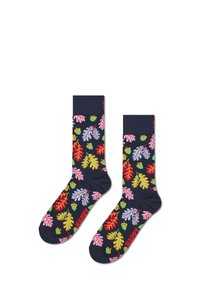 Bavlněné ponožky s námořnickým pozadím a vícbarevnými vzory listů a žaludů; červený text "ŠŤASTNÝ" na špičce.