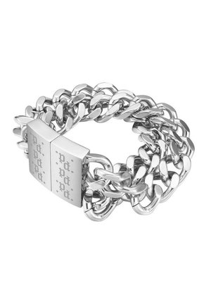 Thick silver chain-link bracelet with a large rectangular clasp engraved with decorative dots and letters.