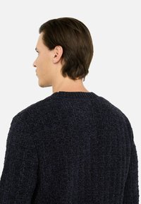 Maglione lavorato a maglia blu scuro con un motivo testurizzato e un collo rotondo. La vista posteriore mostra una vestibilità rilassata con bordi a coste.