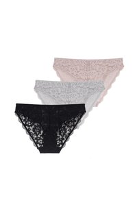 Tri páry čipkových nohavičiek v čiernej, sivej a svetloružovej farbe. Kvetinový čipkový vzor, vlnité okraje a mäkká textúra.