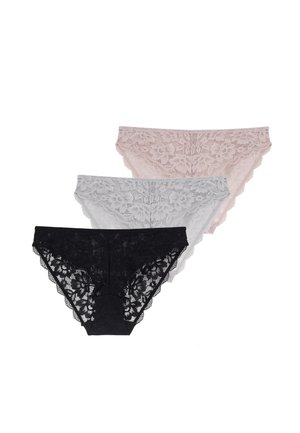 Three pairs of lace panties in black, grey, and light pink. Floral lace design, scalloped edges, and a soft texture.
