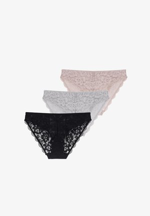 Three pairs of lace panties in black, grey, and light pink. Floral lace design, scalloped edges, and a soft texture.