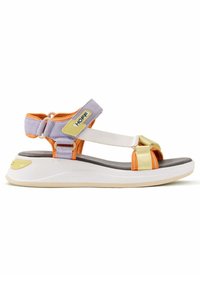 Sandalia multicolor con suela blanca, tiras moradas y naranjas, plantilla acolchada y cierres ajustables para un ajuste seguro.
