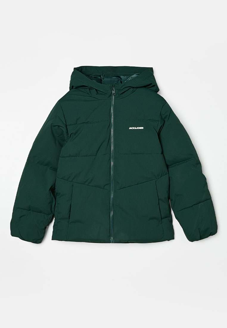 Grüne Puffjacke mit Kapuze, ausgestattet mit einem Reißverschluss vorne, Seitentaschen und einem gesteppten Design. Das Markenlogo ist auf der Brust angebracht.