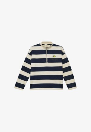 Pull à manches longues avec rayures horizontales bleu marine et blanches, fermeture éclair quart à l'encolure, et petit graphique de balle de tennis avec le texte "MATCH" sur la poitrine.