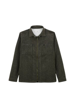 Veste en laine vert olive avec fermeture éclair à l'avant, col montant, deux poches poitrine et finition texturée. Dispose de boutons noirs pour les fermetures des poches.