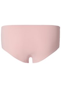 Rosa Hipster-Unterwäsche aus glattem, elastischem Material. Es verfügt über einen niedrigen Schnitt und ein offenes Detail am Rücken. Keine zusätzlichen Muster oder Akzente.