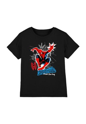 Black children’s t-shirt with Spider-Man in red and blue crouching, web designs, and text "Spider-Man Brand New Day" on front.