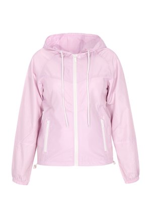 Růžová lehká dešťová bunda s kapucí, bílým zipem a šňůrkami; má dvě přední kapsy na zip a elastické manžety.