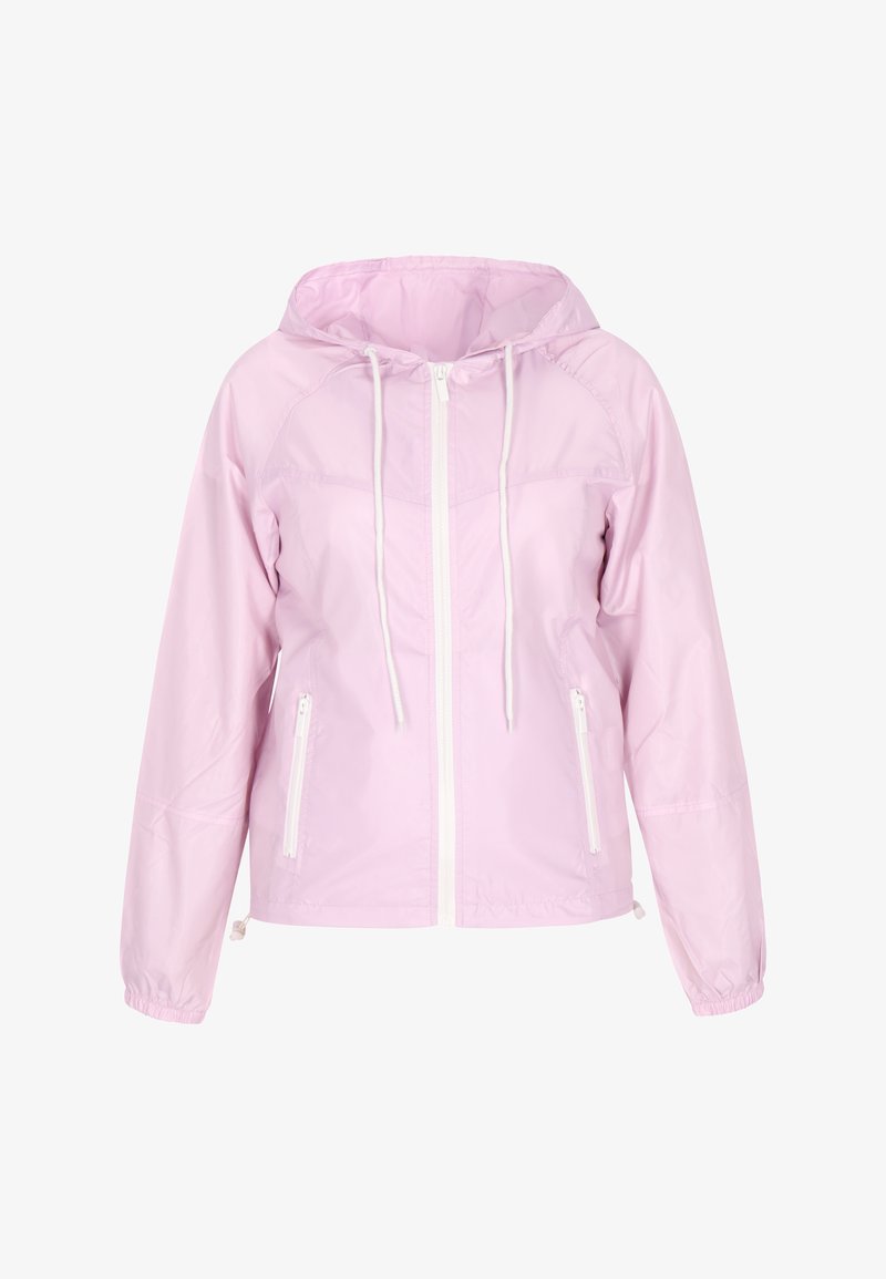 Roze lichtgewicht regenjack met een capuchon, witte ritssluiting en trekkers; beschikt over twee voorzakken met rits en elastische manchetten.