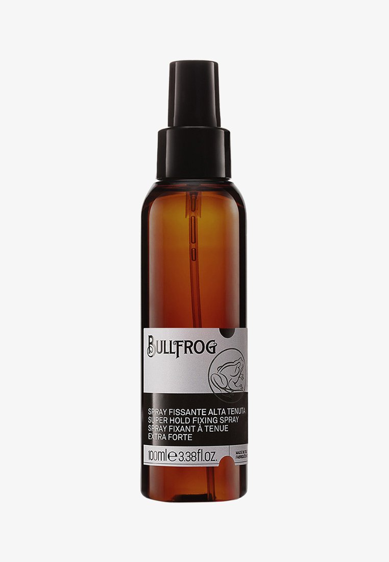 Bernsteinfarbene Glas-Sprühflasche mit schwarzem Pumpendeckel. Das Etikett enthält schwarzen und silbernen Text und umfasst Produktdetails in mehreren Sprachen. 100 ml.