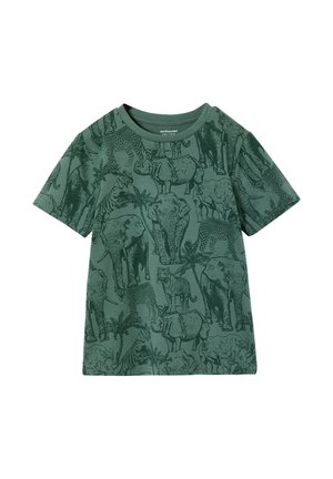 Green short-sleeve children's T-shirt printed with detailed outlines of elephants, rhinoceroses, tigers, zebras, and palm trees.