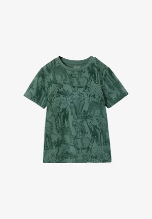 Green short-sleeve children's T-shirt printed with detailed outlines of elephants, rhinoceroses, tigers, zebras, and palm trees.