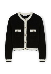 Svart kort cardigan med vita detaljer, som har rund halsringning, knappar i guldton, två bröstfickor och ribbade muddars och fåll.