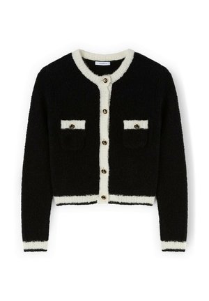 Cardigan nero corto con dettagli bianchi, caratterizzato da un colletto rotondo, bottoni dorati, due tasche sul petto e polsini e orlo a costine.
