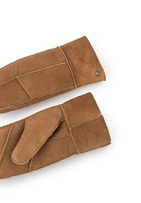 Brown suede gloves with a patchwork design, featuring a finger mitten and a snap button accent. Soft texture and durable construction.