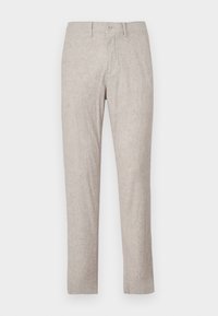 Beige Leinenhosen mit geradem Schnitt, ausgestattet mit einem Knopfverschluss, Fronttaschen und ohne sichtbare Muster oder Verzierungen.