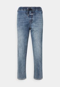 Jean en denim bleu clair avec une taille élastique et un cordon de serrage, présentant une coupe décontractée et une jambe droite.