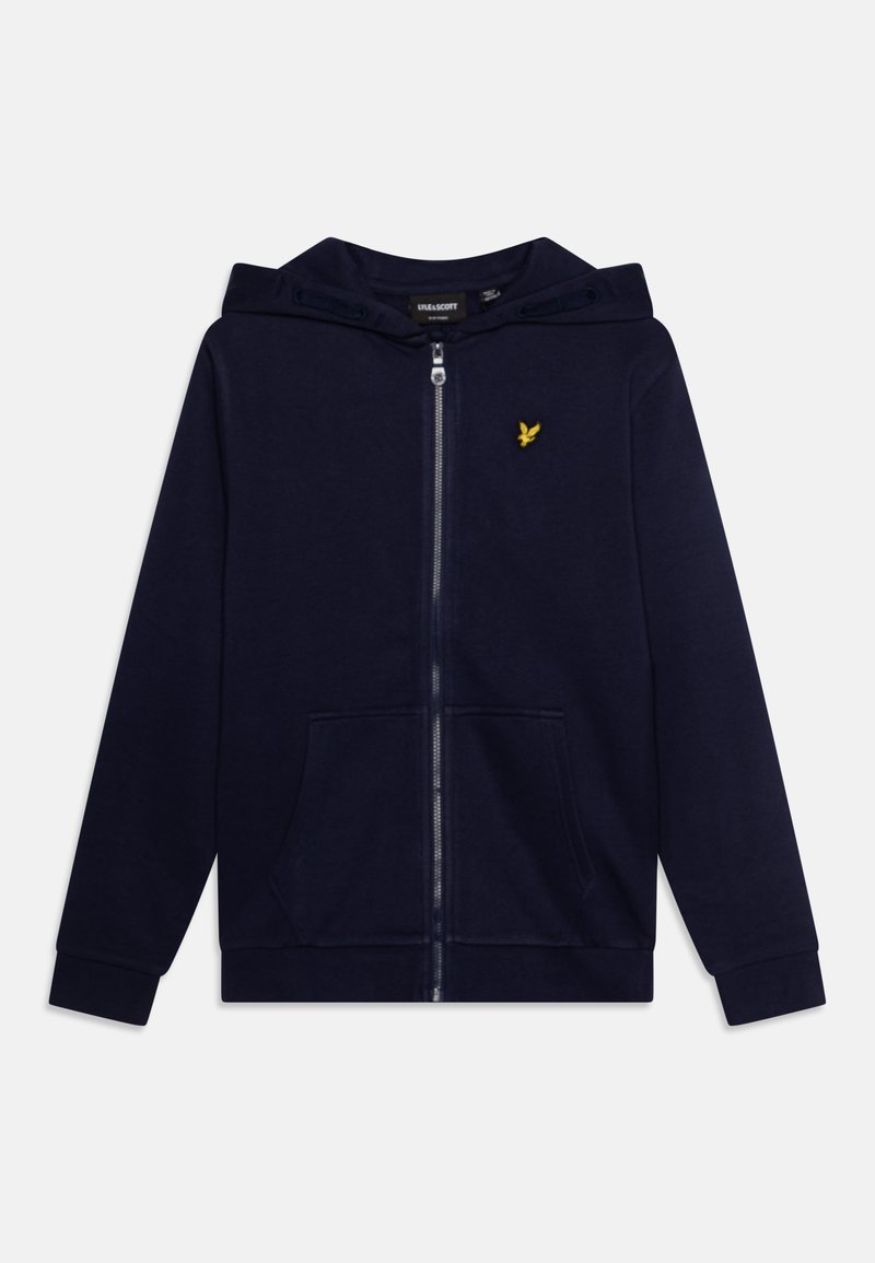 Navy zip-up hoodie with a kangaroo pocket, ribbed cuffs, and hood. Features a small yellow embroidered logo on the chest. Soft fabric texture.