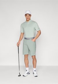 Ανοιχτό πράσινο πουκάμισο πόλο με ρίγες, γκρι ζώνη και αντίστοιχα σορτς. Λευκό καπέλο και αθλητικά παπούτσια με μπλε λεπτομέρειες. Κρατάει ένα γκολφ.