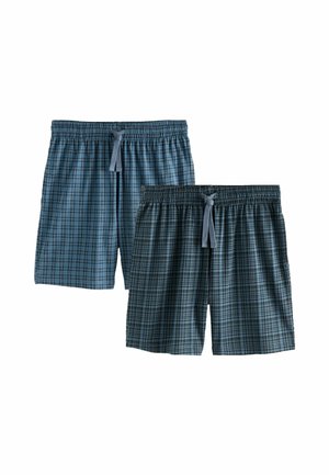 Zwei Paare karierten Shorts in Blautönen mit elastischen Taillenbündchen und Kordelzügen, eine hellere und eine dunklere, auf weißem Hintergrund präsentiert.