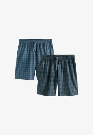 Twee paar geruite shorts in blauwtinten met elastische taillebanden en trekkoordsluitingen, één lichter en één donkerder, getoond op een witte achtergrond.