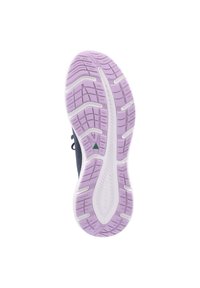 Sohle des Schuhs mit strukturiertem Design. Überwiegend weiß mit einem lila Traktionsmuster und grünen Akzenten. Leichte und flexible Struktur.