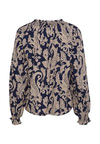 Blouse bleu marine à motif paisley crème, col rond froncé, manches longues avec poignets élastiques et coupe décontractée. Tissu doux et texturé.