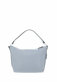 Sac à main en cuir gris avec une texture lisse, fermeture zippée et une anse noire. Présente un design minimaliste, sans motifs ni accents visibles.