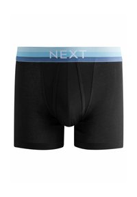 Boxer-briefs noirs avec une ceinture élastique rayée bleu clair et bleu foncé, arborant un logo et une texture lisse et douce.