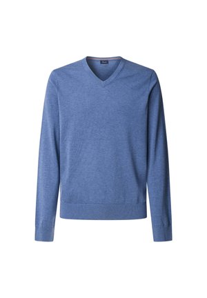 Pull bleu en V en tricot doux, avec des manches longues, des poignets et un ourlet côtelés. Texture lisse avec une couleur uniforme.