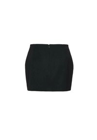 Fustă mini neagră cu un design structurat, prevăzută cu fermoar ascuns la spate și textură netedă. Fără modele sau accente.