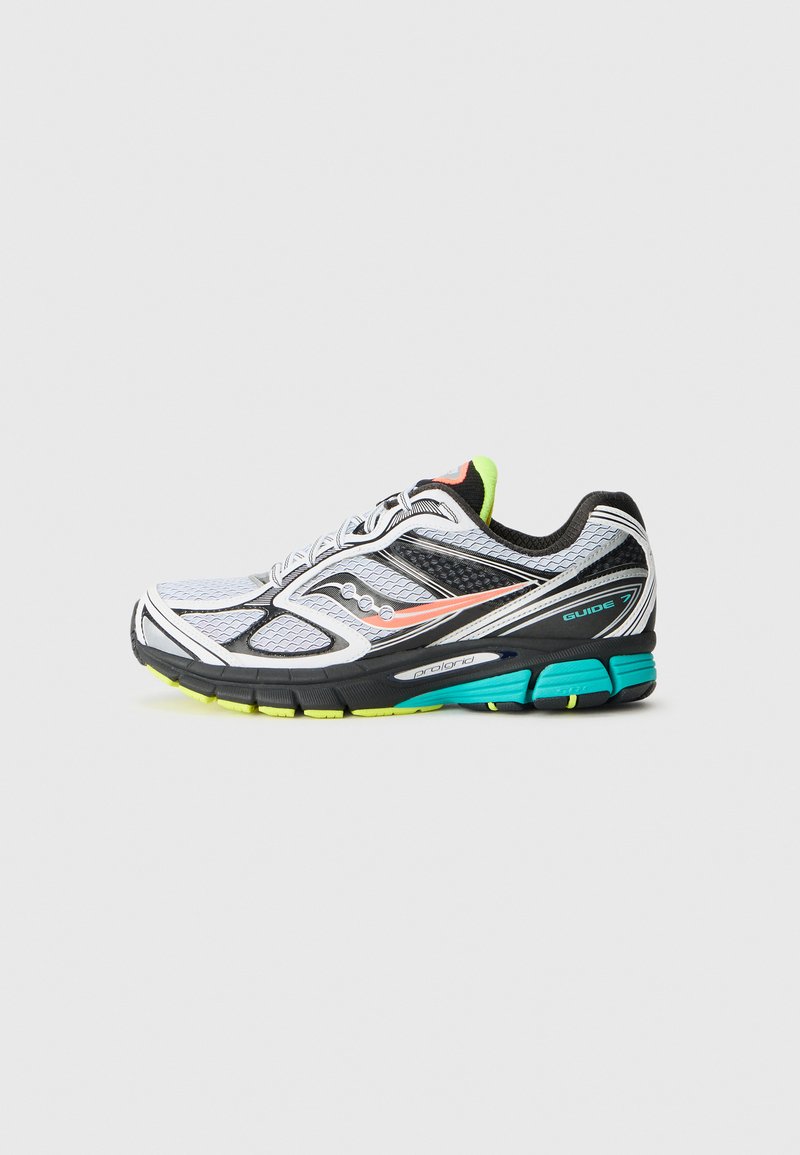 White, black, and teal running shoe with neon green accents, orange swoosh detail, and lace-up closure on a plain background.