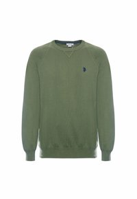 Felpa in maglia verde con maniche lunghe, polsini a coste, colletto rotondo e logo ricamato blu sul petto. Texture liscia e vestibilità morbida.