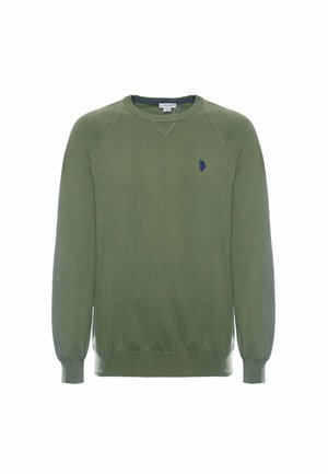 Felpa in maglia verde con maniche lunghe, polsini a coste, colletto rotondo e logo ricamato blu sul petto. Texture liscia e vestibilità morbida.