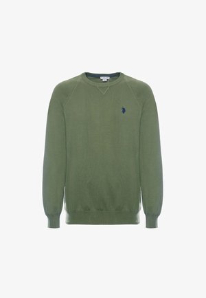 Felpa in maglia verde con maniche lunghe, polsini a coste, colletto rotondo e logo ricamato blu sul petto. Texture liscia e vestibilità morbida.