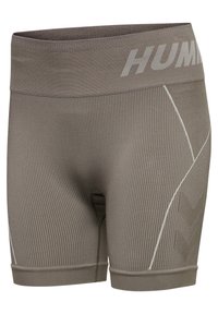 Grå träningsshorts med ribbad textur, elastisk midja och logotyp. Har kontrasterande sömmar och accentmönster på sidorna.