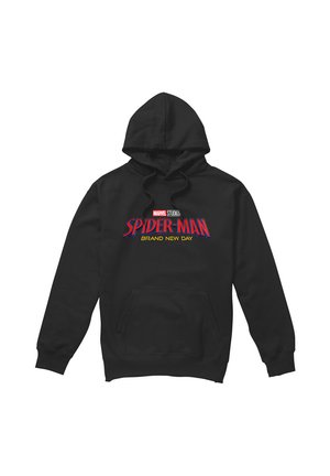 Black hoodie with front pocket and Marvel Studios Spider-Man Brand New Day logo in red and yellow on the chest.