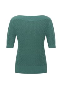 Suéter de punto en color teal, con un patrón de diamantes, mangas cortas y un escote amplio. Tejido texturizado con bajo y puños acanalados.