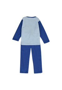 Set di pigiama in pile di colore blu e azzurro, con maniche lunghe e pantaloni lungo. Il materiale è morbido con una texture liscia.