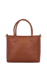 Braune Lederhandtasche mit strukturierter Oberfläche, runden Griffen und dezenten, blattförmigen Akzenten. Kompakte Bauweise mit einer strukturierten Form.