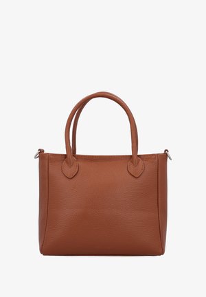 Pruun nahk käekott tekstureeritud pinnaga, ümarate käepidemete ja peente lehekujuline aksessuaaridega. Kompaktne disain ja struktureeritud kuju.