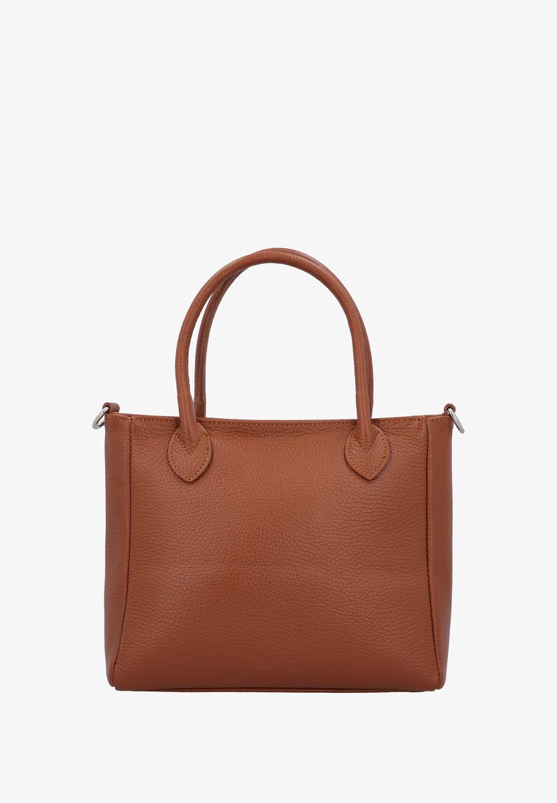 Braune Lederhandtasche mit strukturierter Oberfläche, runden Griffen und dezenten, blattförmigen Akzenten. Kompakte Bauweise mit einer strukturierten Form.