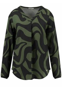 Langarmbluse in Schwarz mit grünem abstraktem Muster, V-Ausschnitt, weichem Stoff und elastischen Bündchen für eine verstellbare Passform.